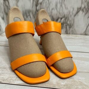 Nine West Orange Leather Kitten Heel Strappy Sandals Vacation Summer Sexy Bold